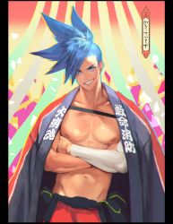 Rule 34 | 1boy, blue eyes, blue hair, chatalaw, crossed arms, galo thymos, grin, highres, male focus, manly, open mouth, pants, pectorals, promare, prosthesis, prosthetic arm, topless male, smile, spiked hair