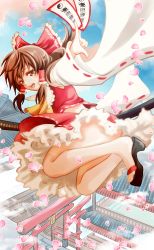 Rule 34 | 1girl, :d, absurdres, ascot, bare legs, blush, bow, brown eyes, brown hair, cherry blossoms, detached sleeves, flying, foreshortening, from side, hair bow, hair tubes, hakurei reimu, hakurei shrine, highres, japanese clothes, long hair, long sleeves, looking at viewer, looking to the side, miko, nontraditional miko, ofuda, open mouth, petals, petticoat, red bow, red shirt, red skirt, sheepd, shirt, sidelocks, skirt, skirt set, sleeveless, sleeveless shirt, smile, solo, torii, touhou, upskirt, wide sleeves