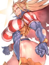 Rule 34 | 1girl, american flag, american flag print, ass, battle damage, blonde hair, blue eyes, boku no hero academia, boots, breasts, cape, cropped legs, determined, flag print, fumio (rsqkr), gauntlets, gloves, hair slicked back, highres, large breasts, leotard, long hair, looking at viewer, muscular, muscular female, redesign, smile, solo, star and stripe (boku no hero academia), striped cape, superhero costume, thick thighs, thigh boots, thighs, torn clothes, torn gloves, white background