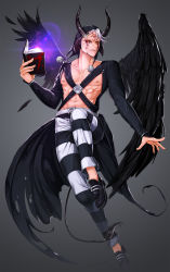 Rule 34 | 1boy, angel wings, black sclera, black wings, blood, bloody tears, book, colored sclera, demon boy, fangs, feathered wings, gradient background, hat, highres, horns, jojo no kimyou na bouken, lens flare, male focus, pants, parody, pentagram, red eyes, risotto nero, rokiru, solo, strap, striped clothes, striped legwear, striped pants, tail, the binding of isaac, torn wings, white hair, wings