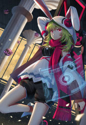 Rule 34 | 1girl, animal hood, breasts, rabbit hood, detached sleeves, eiruby, forever 7th capital, green hair, highres, holding, holding weapon, hood, ji dao ji, long hair, red eyes, roller skates, scarf, scissors, shorts, skates, smile, solo, weapon