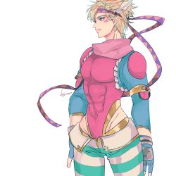 Rule 34 | 1boy, armband, battle tendency, blonde hair, blue jacket, caesar anthonio zeppeli, facial mark, feather hair ornament, feathers, fingerless gloves, gloves, green eyes, groin, hair ornament, headband, highres, jacket, jojo no kimyou na bouken, kogatarou, leotard, male focus, muscular, muscular male, official alternate costume, pants, scarf, solo, standing, striped clothes, striped pants, tight clothes, triangle print