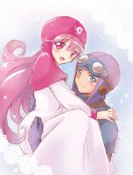 Rule 34 | 1boy, 1girl, blush, carrying, commentary request, curly hair, dragon quest, dragon quest ii, dress, goggles, goggles on head, goggles on headwear, hat, hood, hood up, kichijou agata, long hair, long sleeves, looking at viewer, open mouth, prince of lorasia, princess, princess carry, princess of moonbrook, purple eyes, purple hair, robe, smile, white robe