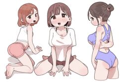 Rule 34 | 3girls, all fours, ass, bare legs, barefoot, black shorts, blue one-piece swimsuit, brown eyes, brown hair, cowboy shot, feet, female focus, from behind, gluteal fold, hair bun, highres, looking at viewer, multiple girls, one-piece swimsuit, open mouth, opossumachine, original, pink shorts, scrunchie, shirt, short hair, shorts, sidelocks, sitting, sleeveless, sleeveless shirt, smile, soles, swimsuit, teeth, thighs, toes, upper teeth only, wariza, white shirt