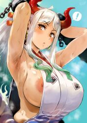 Rule 34 | 1girl, :o, armpits, arms up, blue sky, blush, breasts, day, female focus, green hair, hero neisan, highres, large breasts, long hair, looking at viewer, multicolored hair, nipple slip, nipples, one piece, orange eyes, outdoors, sky, solo, steaming body, sweat, white hair, yamato (one piece)