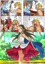 Rule 34 | armlet, bare shoulders, bracelet, breasts, brown eyes, brown hair, cape, circlet, cleavage, comic, commentary request, dragon quest, dragon quest viii, dress, earrings, green eyes, hero (dq8), imaichi, jessica albert, jewelry, kukuru (dq8), large breasts, long hair, looking at viewer, medea, multiple boys, multiple girls, open mouth, orange hair, panties, princess, purple shirt, shirt, smile, strapless, twintails, underwear, yangus