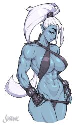 Rule 34 | 1girl, abs, blue skin, breasts, colored skin, criss-cross halter, dark elf, dungeons &amp; dragons, elf, fingerless gloves, gloves, green eyes, grey skin, halterneck, high ponytail, large breasts, long hair, muscular, muscular female, original, pointy ears, ponytail, shardanic, sideboob, signature, solo, thick thighs, thighs, thong, toned, underboob, veins, veiny arms, white background