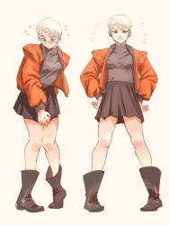 Rule 34 | 1girl, adapted costume, animification, apex legends, black footwear, black skirt, black sweater, blush, boots, brown eyes, embarrassed, grey hair, hair behind ear, highres, jacket, kogane mushi, looking at viewer, red jacket, skirt, smile, sweat, sweater, v-shaped eyebrows, valkyrie (apex legends), white background
