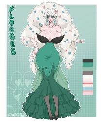 Rule 34 | 1girl, 8owties, breasts, character name, cleavage, collarbone, color guide, creatures (company), dress, earrings, eyeshadow, feather boa, florges, florges (white flower), full body, game freak, gen 6 pokemon, gradient background, green background, green nails, half-closed eyes, hand on own hip, high heels, highres, huge breasts, humanization, jewelry, lips, makeup, mole, mole under mouth, nail polish, necklace, nintendo, pantyhose, parted lips, pearl necklace, pink lips, pokemon, shirt, short hair, solo, standing, white shirt, wide hips