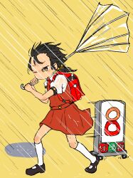 Rule 34 | 1girl, 7-eleven, absurdres, backpack, bag, bag charm, black footwear, black hair, blush, broken, broken umbrella, brown eyes, charm (object), closed mouth, commentary, dress, dress shirt, elbow blush, floating hair, flute, forehead blush, hair ribbon, hair slicked back, hair strand, hand blush, highres, holding, holding umbrella, inside-out, instrument, kaai yuki, knee blush, kneehighs, kyoufuu all back (vocaloid), low twintails, mary janes, messy hair, motion lines, narrowed eyes, no fice, nose blush, one eye closed, pinafore dress, puddle, puffy short sleeves, puffy sleeves, pursed lips, rabbit symbol, rain, randoseru, recorder, red bag, red dress, ribbon, see-through, see-through shirt, shirt, shoes, short sleeves, sign, simple background, sleeveless, sleeveless dress, socks, solo, spread legs, struggling, translated, transparent, transparent umbrella, twintails, two-handed, umbrella, v-shaped eyebrows, v-shaped eyes, vocaloid, walking, wet, wet clothes, wet dress, wet hair, wet shirt, white shirt, white socks, wind, yellow background, yellow ribbon