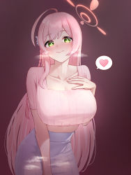 Rule 34 | 1girl, absurdres, ahoge, alternate costume, aoi riko, blue archive, blush, braid, breasts, breath, cleavage, collarbone, commentary request, crop top, green eyes, halo, hanako (blue archive), hand on own chest, heart, highres, huge breasts, large breasts, long hair, looking at viewer, naughty face, nose blush, pink hair, pink shirt, shirt, short sleeves, side braid, simple background, skirt, smile, solo, spoken heart, very long hair, white skirt