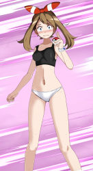 Rule 34 | 1girl, absurdres, bare arms, bare legs, black sports bra, blue eyes, blush, bow, bow hairband, breasts, brown hair, clenched teeth, collarbone, creatures (company), game freak, hair bow, hairband, highres, holding, holding poke ball, long hair, may (pokemon), medium breasts, midriff, nail polish, navel, nintendo, panties, pink background, poke ball, pokemon, pokemon oras, red hairband, red nails, scared, solo, sports bra, standing, stomach, striped, striped bow, sweatdrop, tears, teeth, tsukishiro saika, twintails, underwear, underwear only, white panties