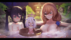 Rule 34 | 3girls, absurdres, bath, bathing, blush, bow, breasts, brown hair, bucket, cleavage, closed eyes, flat chest, flower, genshin impact, green eyes, hair bow, half-closed eyes, halo, highres, lamp, large breasts, lisa (genshin impact), medium breasts, mona (genshin impact), multiple girls, naked towel, onsen, open mouth, paimon (genshin impact), partially submerged, purple hair, rose, side ponytail, tifaices, towel, twintails