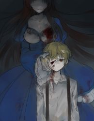 Rule 34 | 1boy, 1girl, aaniko, bandage over one eye, blood, blood on face, blood on clothes, blue dress, breasts, brown hair, cleavage, closed mouth, collarbone, collared shirt, dio (mad father), dress, expressionless, frilled sleeves, frills, ghost, hand on another&#039;s cheek, hand on another&#039;s face, jewelry, large breasts, long hair, long sleeves, looking at viewer, mad father, missing eye, monika drevis, necklace, shaded face, shirt, short hair, sketch, sleeves past wrists, smile, spoilers, suspenders, very long hair, white shirt, wing collar