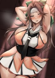 Rule 34 | absurdres, akisuko, alternate breast size, armpits, breasts, brown hair, embarrassed, hachimaki, hair ribbon, headband, highres, huge breasts, indoors, inverted nipples, jintsuu (kancolle), jintsuu kai ni (kancolle), kantai collection, large areolae, large breasts, long hair, miniskirt, open mouth, pubic hair, ribbon, sarashi, skirt, tight clothes, wide hips, yellow eyes