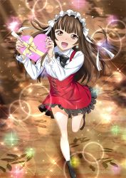 Rule 34 | 00s, 1girl, bare legs, blush, box, breasts, brown hair, dress, female focus, gift, gift box, happy, highres, holding, holding box, ikkitousen, long hair, looking at viewer, maid headdress, open mouth, running, shiny skin, skirt, small breasts, smile, ten&#039;i (ikkitousen), valentine