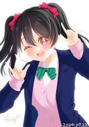 1girl absurdres birthday black_hair bow bowtie chizu_poyo dated highres long_sleeves looking_at_viewer love_live! open_mouth otonokizaka_school_uniform red_eyes smile solo standing twintails yazawa_nico