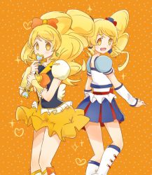 Rule 34 | 10s, 2girls, alternate form, blonde hair, blue skirt, boots, bow, bowtie, brooch, cure honey, cure honey (popcorn cheer), dual persona, earrings, hair bow, happinesscharge precure!, heart, heart brooch, jewelry, knee boots, long hair, magical girl, miniskirt, multicolored clothes, multicolored skirt, multiple girls, oomori yuuko, orange background, precure, skirt, smile, teruru100, twintails, wand, wide ponytail, wrist cuffs, yellow eyes, yellow skirt