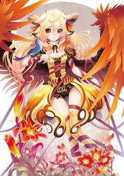 Rule 34 | 1girl, animal, animal on arm, bird, bird on arm, blonde hair, breasts, cleavage, feathers, flower, fox tail, hair ribbon, horns, leg ribbon, long hair, maeda hiroyuki, medium breasts, original, plant, red eyes, red wings, ribbon, simple background, solo, tail, thighhighs, white background, wings