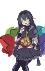 Rule 34 | 1girl, akemi homura, aningzi, argyle, argyle clothes, argyle legwear, black hair, black hairband, black pantyhose, black shirt, blush, bowl, capelet, chopsticks, collared shirt, commentary request, cushion, eating, egg, food, hair between eyes, hairband, highres, holding, holding bowl, holding chopsticks, jitome, long hair, looking at viewer, magical girl, mahou shoujo madoka magica, mahou shoujo madoka magica (anime), neck ribbon, noise, noodles, open mouth, pantyhose, pleated skirt, purple capelet, purple eyes, purple ribbon, purple skirt, ramen, ribbon, shirt, sidelocks, simple background, sitting, skirt, solo, tassel, teeth, tongue, upper teeth only, vest, white background, white vest