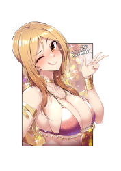 Rule 34 | 1girl, ;q, armlet, blonde hair, blush, bracelet, breasts, cleavage, collarbone, framed, gold choker, hair intakes, highres, idolmaster, idolmaster million live!, jewelry, large breasts, momose rio, one eye closed, out of frame, outside border, sian, solo, tongue, tongue out, upper body, w
