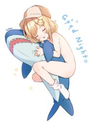 Rule 34 | 1girl, :d, blonde hair, blush, breasts, brown hat, closed eyes, commentary, english commentary, english text, full body, hair ornament, hat, highres, hitsukuya, hololive, hololive english, hugging object, no shoes, nude, open mouth, signature, simple background, small breasts, smile, socks, solo, star (symbol), stuffed animal, stuffed shark, stuffed toy, virtual youtuber, watson amelia, white background, white socks