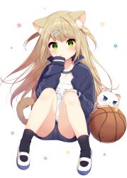 Rule 34 | 1girl, animal, animal ear fluff, animal ears, bad id, bad pixiv id, ball, basketball, basketball (object), black jacket, black shorts, black socks, blue eyes, blush, cat, cat ears, cat tail, closed mouth, commentary request, full body, green eyes, hair ornament, hairclip, hand on own knee, hand to own mouth, highres, jacket, knees together feet apart, long hair, long sleeves, looking at viewer, mafuyu (chibi21), name tag, open clothes, open jacket, original, revision, shirt, shoes, shorts, simple background, sitting, sleeves past wrists, socks, solo, star (symbol), starry background, tail, track jacket, unzipped, uwabaki, very long hair, white background, white cat, white shirt