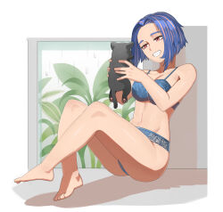 Rule 34 | 1girl, absurdres, animal, bare arms, bare shoulders, barefoot, black cat, blue bra, blue panties, boku no hero academia, bra, cat, full body, highres, holding, holding animal, holding cat, koyap, lady nagant, legs, lingerie, multicolored hair, navel, on floor, panties, red eyes, simple background, smile, solo, stomach, underwear