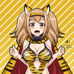 Rule 34 | 1girl, animal ears, animal print, artist name, blush, breasts, brown eyes, cape, dated, fangs, hair between eyes, i-26 (kancolle), kantai collection, large breasts, light brown hair, long hair, o-ring, open mouth, signature, solo, tiger ears, tiger print, tk8d32, two side up, upper body