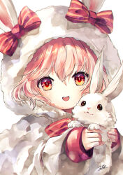 Rule 34 | 1girl, :d, absurdres, animal, animal ears, bow, highres, holding, holding animal, hood, hood up, looking at viewer, open mouth, original, pink hair, rabbit, rabbit ears, red bow, sanamisa, simple background, smile, solo, teeth, upper body, upper teeth only, white background, yellow eyes