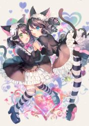 Rule 34 | 10s, 2girls, :o, ;d, animal ears, bell, blue eyes, blue hair, bow, cat ears, cat tail, curly hair, cyan (show by rock!!), dress, dual persona, green eyes, headband, heart, high heels, holding hands, interlocked fingers, kneehighs, mary janes, momoshiki tsubaki, multiple girls, nail polish, one eye closed, open mouth, platform footwear, shoe soles, shoes, short hair, show by rock!!, smile, socks, striped clothes, striped legwear, striped thighhighs, tail, thighhighs
