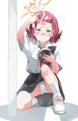 Rule 34 | 1girl, arm up, aru (blue archive), black skirt, blue archive, book, clenched teeth, collared shirt, crying, crying with eyes open, dress shirt, full body, glasses, gomennasai, hair ornament, hairclip, halo, highres, holding, holding book, horns, on one knee, open book, orange eyes, pain, panties, pleated skirt, pole, red hair, shadow, shirt, shoes, simple background, skirt, smoke, socks, solo, swept bangs, tears, teeth, underwear, white background, white footwear, white panties, white shirt, white socks