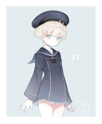 Rule 34 | 10s, 1girl, 2016, bad id, bad pixiv id, blue eyes, blush, capriccio, clothes writing, commentary request, dated, dress, hat, hibanar, kantai collection, military, military hat, military uniform, neckerchief, panties, pantyshot, sailor collar, sailor dress, sailor hat, short dress, short hair, silver hair, solo, underwear, uniform, white panties, z1 leberecht maass (kancolle)