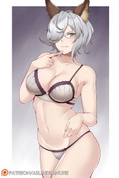 Rule 34 | 1girl, animal ears, aslindsamure, bare shoulders, blush, border, bra, breasts, cat ears, cleavage, closed mouth, collarbone, erune, finger to own chin, freesia (granblue fantasy), glasses, gradient background, granblue fantasy, grey eyes, grey hair, hair over one eye, highres, large breasts, looking at viewer, navel, open mouth, panties, short hair, smile, solo, swept bangs, underwear, white border, white bra, white panties