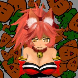 Rule 34 | 1girl, animal ears, animal hands, bad id, bad pixiv id, bell, breasts, carrot, cleavage, collar, fate/grand order, fate (series), food, fox ears, hair ribbon, highres, large breasts, long hair, looking at viewer, neck bell, pink hair, ribbon, solo, tamamo (fate), tamamo cat (fate), tamamo no mae (fate/extra), vegetable, yellow eyes