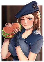 Rule 34 | 1girl, armor, artist name, beret, blue eyes, blue gloves, blue hat, blue shirt, blurry, blurry background, blush, breasts, brown hair, collarbone, commentary, depth of field, english commentary, eyelashes, fingerless gloves, food, gloves, hands up, hat, highres, holding, holding food, jill valentine, large breasts, licking lips, medium hair, one eye closed, police, police hat, police uniform, policewoman, resident evil, sandwich, shirt, short sleeves, shoulder armor, sidelocks, sinau, solo, tongue, tongue out, uniform, upper body