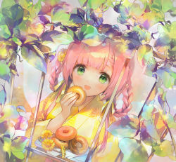 Rule 34 | 1girl, 888myrrh888, :d, blush, braid, braided hair rings, commentary request, commission, copyright request, doughnut, eyebrows hidden by hair, floral print, food, green eyes, hair rings, hand up, holding, holding food, japanese clothes, kimono, leaf, long hair, long sleeves, looking at viewer, open mouth, pink hair, pointy ears, print kimono, skeb commission, smile, solo, upper body, virtual youtuber, wide sleeves, yellow kimono