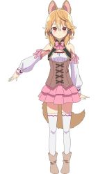 Rule 34 | 1girl, animal ears, ankle boots, boots, brown corset, brown hair, corset, dog ears, dog tail, female focus, full body, highres, latifa, looking at viewer, official art, red eyes, seirei gensouki, short hair, simple background, solo, tail, thighhighs, transparent background, white thighhighs