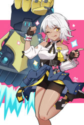 Rule 34 | 1girl, :p, absurdres, bare shoulders, black footwear, black gloves, black shorts, blue jacket, carole pepper, clothes around waist, dark-skinned female, dark skin, disembodied limb, earrings, fingerless gloves, floating, gloves, highres, honkai (series), honkai impact 3rd, jacket, jacket around waist, jewelry, leg up, long sleeves, looking at viewer, mechanical arms, mikiseriavoid, one eye closed, pink background, shoes, short hair, shorts, simple background, single earring, single mechanical arm, sneakers, solo, star (symbol), tongue, tongue out, white background, white hair, yellow eyes