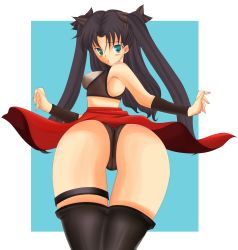 Rule 34 | 1girl, alternate costume, aqua eyes, archer (fate), archer (fate) (cosplay), ass, bare shoulders, black hair, blush, breasts, cameltoe, cosplay, fate/stay night, fate (series), female focus, from behind, gt667, hair ribbon, highres, long hair, looking at viewer, looking back, panties, parted lips, ribbon, sideboob, solo, thighhighs, tohsaka rin, underwear, wristband