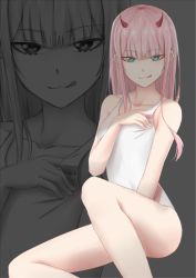Rule 34 | 10s, between legs, collarbone, darling in the franxx, green eyes, hand between legs, hand on own chest, highres, horns, long hair, looking at viewer, nekomimi bw, one-piece swimsuit, pink hair, red horns, single horn, sitting, smile, solo, swimsuit, tongue, tongue out, white one-piece swimsuit, zero two (darling in the franxx), zoom layer