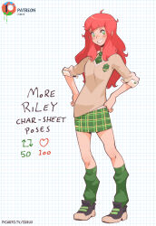 Rule 34 | 1girl, ahoge, breasts, commentary, creux, english commentary, english text, full body, green eyes, green socks, grin, hands on own hips, highres, kneehighs, long hair, looking at viewer, medium breasts, necktie, original, patreon logo, picarto username, pleated skirt, red hair, riley (creux), school uniform, skirt, sleeves rolled up, smile, socks, solo, splatball (creux), standing, teeth, watermark, web address