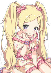 Rule 34 | 1girl, between legs, blonde hair, blush, bow, bracelet, character name, child, dot nose, dress, emily stewart, floral print, frilled dress, frills, hair bow, hand between legs, hand on own cheek, hand on own face, happiness roomwear (idolmaster), idolmaster, idolmaster million live!, jewelry, kuresuku (lessons), long hair, looking at viewer, medium dress, nervous, parted bangs, pink bow, purple eyes, purple footwear, red ribbon, ribbon, shoes, short sleeves, simple background, sitting, solo, straight hair, tareme, twintails, wariza, white background, yellow dress