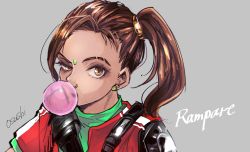 Rule 34 | 1girl, animification, apex legends, artist name, brown eyes, brown hair, blowing bubbles, character name, dark-skinned female, dark skin, eyebrow cut, green shirt, grey background, hair behind ear, jacket, looking to the side, orange jacket, osushimax, rampart (apex legends), shirt, short sleeves, side ponytail, solo, upper body