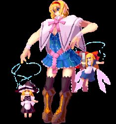 Rule 34 | 1girl, alice margatroid, blonde hair, blue eyes, capelet, character doll, doll, female focus, hairband, hat, kirisame marisa, long hair, lowres, pixel art, short hair, solo, thighhighs, touhou, transparent background, witch, witch hat, yoshimoto (dear life)