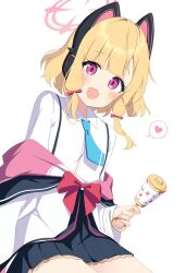 Rule 34 | 1girl, animal ear headphones, animal ears, black skirt, blonde hair, blue archive, blue necktie, blush, bow, collared shirt, cowboy shot, fake animal ears, foulo paints, hair bow, halo, headphones, heart, highres, jacket, long sleeves, looking at viewer, momoi (blue archive), necktie, open mouth, pink halo, pleated skirt, red bow, red eyes, shirt, short hair, simple background, skirt, smile, solo, spoken heart, white background, white jacket, white shirt