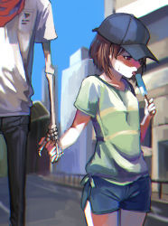 Rule 34 | 1boy, 1girl, androgynous, bad id, bad pixiv id, baseball cap, brown hair, chara (undertale), collarbone, dating, eating, food, holding hands, hat, hetero, highres, hno3syo, papyrus (undertale), popsicle, red eyes, short hair, shorts, shousan (hno3syo), skeletal arm, sweatdrop, thigh gap, tongue, tongue out, undertale