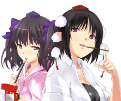 Rule 34 | 2girls, black hair, blush, bow, brown eyes, brown hair, cl (h-sys.), commentary request, hair bow, hat, hat ribbon, himekaidou hatate, jewelry, looking at viewer, mouth hold, multiple girls, necklace, pendant, pocky, pointy ears, red eyes, ribbon, shameimaru aya, shirt, tokin hat, touhou, twintails, upper body, waiting for kiss