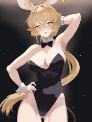 Rule 34 | 1girl, absurdres, alternate costume, animal ears, arknights, arm up, armpits, bare arms, bare shoulders, black background, black leotard, blonde hair, breasts, cleavage, commentary request, cowboy shot, detached collar, dorothy (arknights), dr.lamina, gluteal fold, hand on own hip, highres, large breasts, leotard, looking at viewer, open mouth, playboy bunny, solo, standing, strapless, strapless leotard, wrist cuffs, yellow eyes