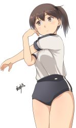 Rule 34 | 1girl, alternate costume, black buruma, brown eyes, brown hair, buruma, commentary request, cowboy shot, facing viewer, gym shirt, gym uniform, highres, kaga (kancolle), kantai collection, long hair, looking to the side, osamada meika, shirt, side ponytail, simple background, solo, standing, stretching, t-shirt, white background, white shirt